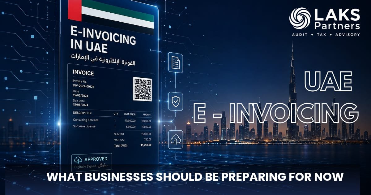 E-Invoicing in UAE — a digitally signed electronic tax invoice against the Dubai skyline, with the LAKS Partners logo