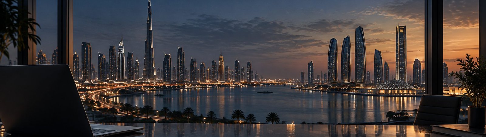 Dubai skyline at dusk viewed from an office desk with financial reports and a laptop